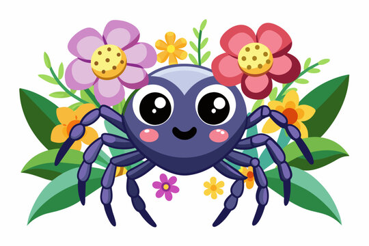 Charming spider animal cartoon adorned with vibrant flowers.