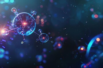 futuristic 3d illustration of glowing atoms and molecules on dark scifi background digital art - obrazy, fototapety, plakaty