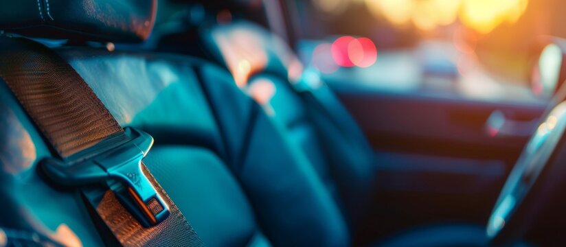 Focused closely on a seat belt inside a vehicle, with the surrounding background intentionally out of focus