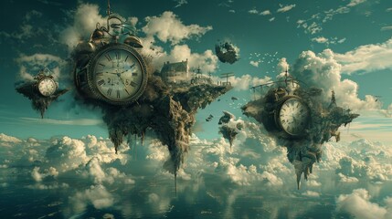 Psychic Dream: Surreal Artistic Portrayal with Melting Clocks and Floating Islands - obrazy, fototapety, plakaty