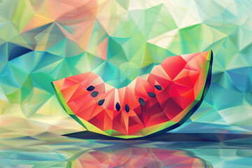 A slice of watermelon on a table, low poly, multiple bright colors. - obrazy, fototapety, plakaty