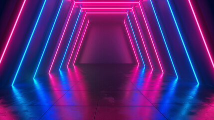 Fototapeta premium A dark room with a blue and pink light shining through a doorway. The light is creating a smokey effect