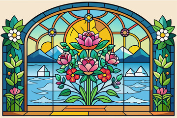 Stained glass window adorned with delicate flowers in vibrant hues, casting an enchanting glow.