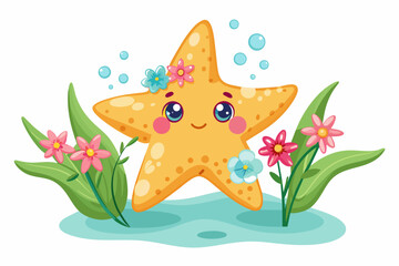 Charming starfish cartoon with blooming flowers adorns a vibrant underwater scene.