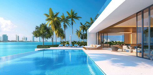 3D rendering of a modern house with a pool and outdoor dining area, set against the backdrop of a sandy beach on an island, featuring a blue sky. 