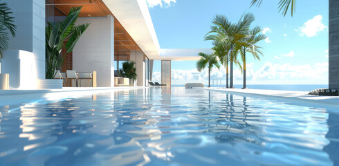 3D rendering of a modern house with a pool and outdoor dining area, set against the backdrop of a sandy beach on an island, featuring a blue sky.  - obrazy, fototapety, plakaty