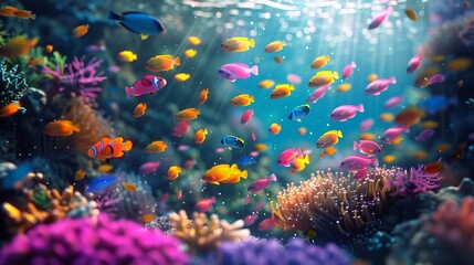 Fototapeta na wymiar Digital Aquarium: Virtual Fish Displaying Real-Time Ocean Pollution Data