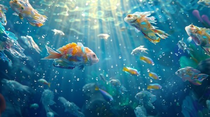 Obraz premium Digital Aquarium: Virtual Fish Displaying Real-Time Ocean Pollution Data