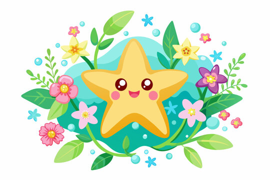 Charming cartoon starfish adorned with vibrant flowers.