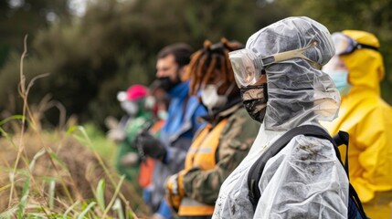 Fototapeta premium Outside in a field a group of trainees don protective gear as they prepare to learn about the physical harvesting of biomass materials. A trainer demonstrates how to safely and efficiently .