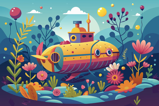 A charming submarine adorned with vibrant flowers floats through a tranquil underwater scene.