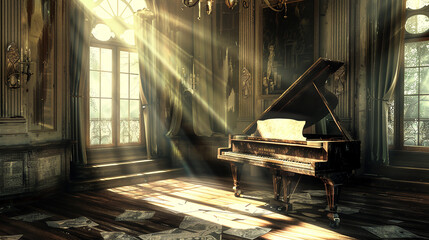 窓から光が差す室内のグランドピアノ - obrazy, fototapety, plakaty