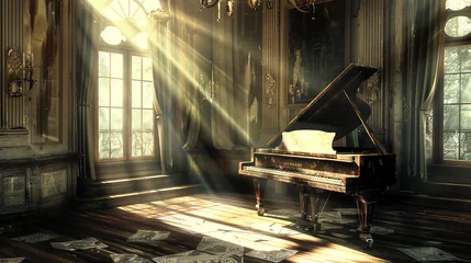 Fotobehang 窓から光が差す室内のグランドピアノ © racoo