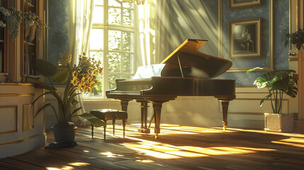 窓から光が差す室内のグランドピアノ