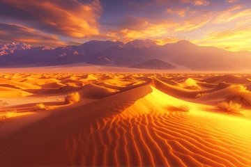 Fotobehang Majestic Sunrise Over Desert Sands, Golden Glow Landscape Scene © shiyi