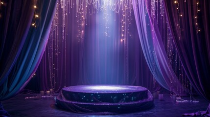 Against a backdrop of deep purple velvet curtains a shimmering tulle podium takes center stage. Lined with glittering stars and illuminated . .