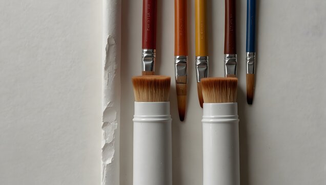 A set of watercolor tubes and paintbrushes laid out on a white canvas, ready for use Generative AI