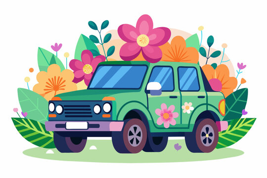 A charming cartoon SUV adorned with vibrant flowers, standing out against a pristine white background.