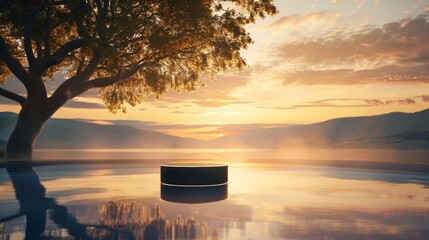 A tranquil lake reflects the golden hues of a breathtaking sunset providing a stunning backdrop for the Ethereal Glow podium. The . .