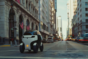 Autonomous delivery robot glides through city streets. - obrazy, fototapety, plakaty
