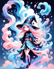 smoke painting of a cute halloween witch cartoon, smoke art witch halloween character, smoke ink adorable witch, halloween witch made of smoke, Generative AI