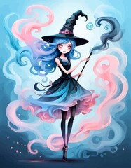 smoke painting of a cute halloween witch cartoon, smoke art witch halloween character, smoke ink adorable witch, halloween witch made of smoke, Generative AI