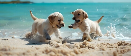 Two Lively Labrador Puppies Chasing and Playing on a Bright and Airy Beach