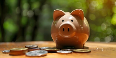 piggy bank with coins on a table in nature