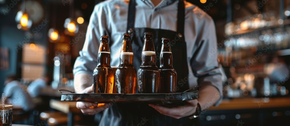 Poster a close up of an individual holding a tray filled with multiple beer bottles of various brands and s