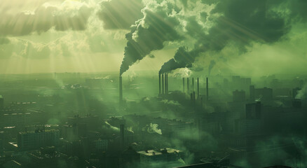 A wide shot of air pollution, with industrial chimneys emitting smoke and fog into the sky, creating an atmosphere filled with dirty yellowish green light. - obrazy, fototapety, plakaty