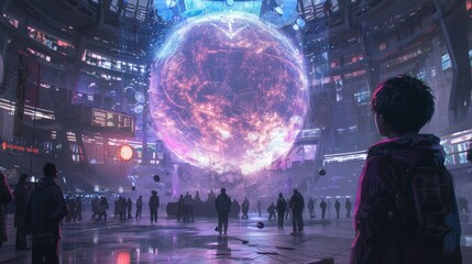 Psychic Sports: Telekinetic Players Maneuvering Glowing Orb in Arena