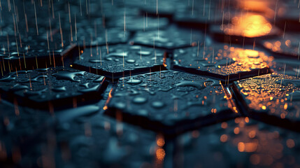 Black hexagonal tiles with water droplets reflecting the blurry orange lights of the city. - obrazy, fototapety, plakaty