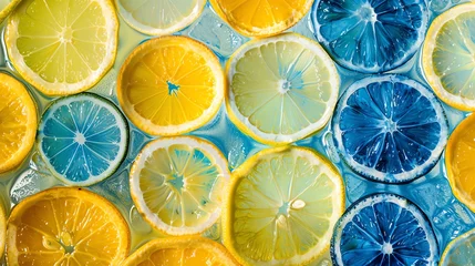 Foto op Plexiglas Overhead shot of fruit slices forming abstract patterns, pastel background, vivid contrasts © Naraksad