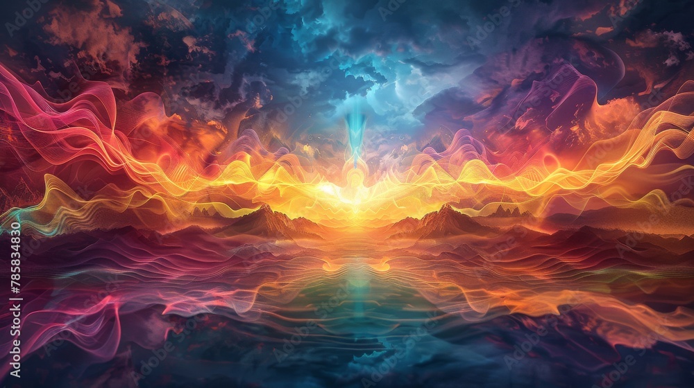 Poster harmonious transformation: abstract sound waves in serene setting