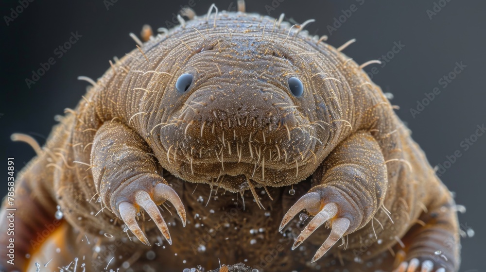 Poster a closeup image of a single water bear with its chubby body covered in a layer of tiny hairs and its
