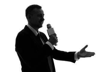 Silhouette of mature journalist with microphone on white background