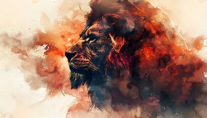 "Watercolor Portrait of Lion with Jesus Shadow - Digital Art"