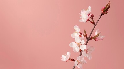 A single cherry blossom branch in full bloom against a minimalist pastel pink backdrop, embodying springs serene beauty
