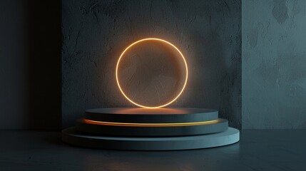 A sleek, 3Drendered cylinder podium bathed in the glow of a circular neon lamp, set against a matte black background for dramatic effect