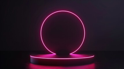 A sleek, 3Drendered cylinder podium bathed in the glow of a circular neon lamp, set against a matte black background for dramatic effect