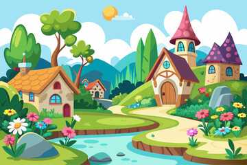 Charming cartoon villages with flowers adorning their white walls.