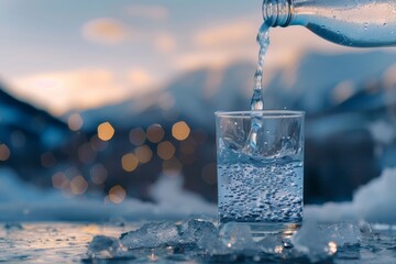 Water from bottle pouring into glass with snow and sunlight - obrazy, fototapety, plakaty