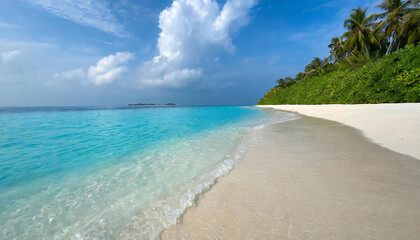 Blue sky and white sand beach. Beautiful sea with calm waves. Maldives. - obrazy, fototapety, plakaty