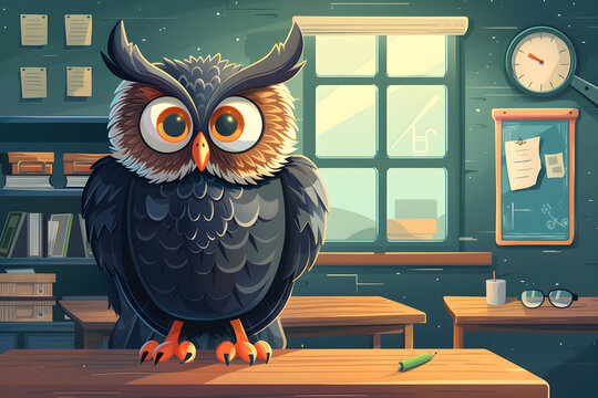 An illustration of an owl teacher in a classroom on Knowledge Day, depicting the theme of education and knowledge. Suitable for educational materials and promotions.