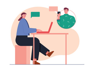 Girl and boy doing online meeting. Chatting vector illustration