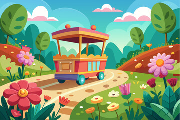 Charming cartoon trolley road adorned with vibrant blooms