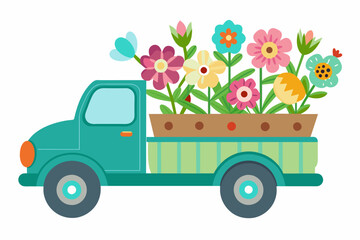 A charming cartoon truck adorned with vibrant flowers rolls along on a white background.