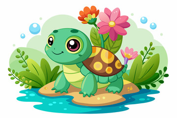 Turtle animal cartoon charmingly poses with flowers adorning its shell.