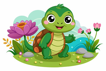 Charming cartoon turtle adorned with colorful flowers brings joy to all who behold it.