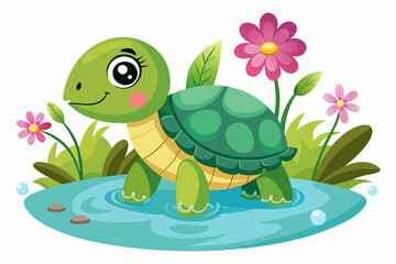 Charming turtle cartoon character adorned with blooming flowers.